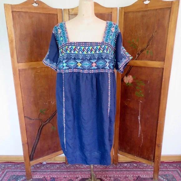 Johnny Was | Dresses | Johnny Was Embroidered Linen Shift Dress Summer Square  Neck Short Sleeves X 2x | Poshmark